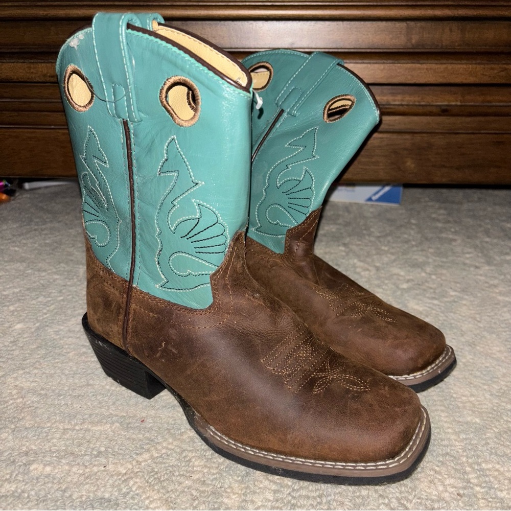 Masterson Kid’s Unisex 2.5 Cowboy Cowgirl boots brown leather and teal
